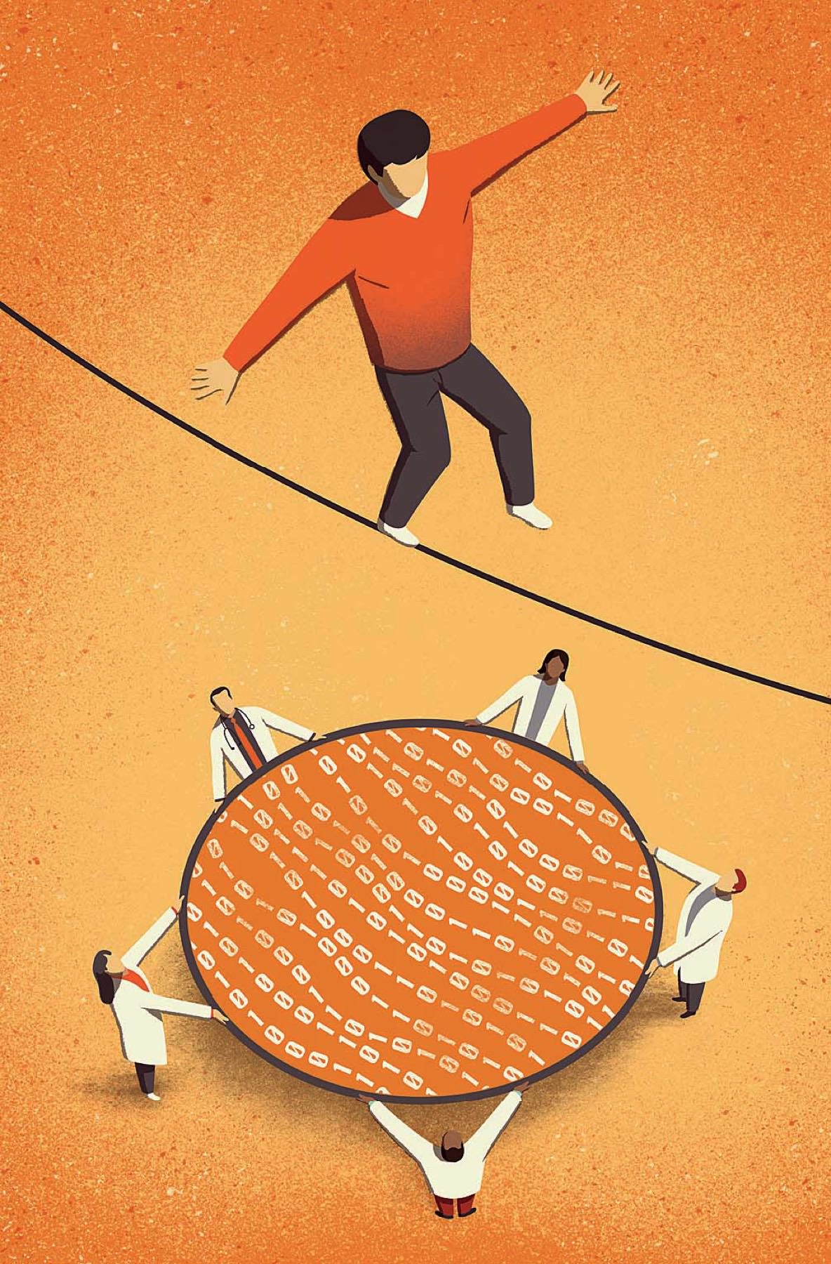 man tightrope walks over scientists