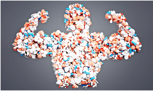 Typical bodybuilder silhouette made out of pills of various colors