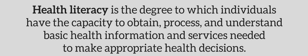 Health literacy is the degree to which individuals have the capacity to obtain, process, and understand basic health information and services needed to make appropriate health decisions. (2)